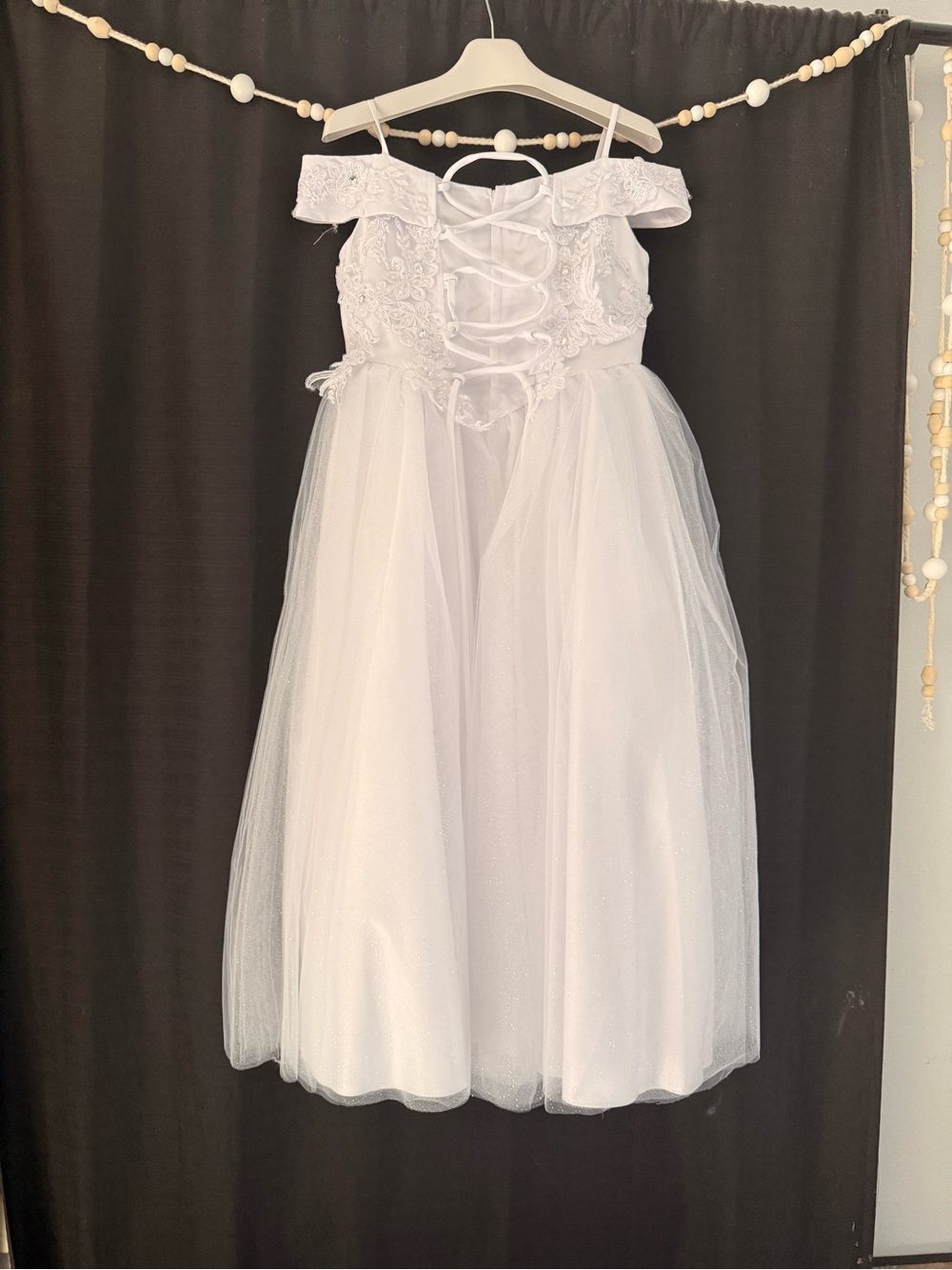 Tip Top Kids White Lace & Tulle Off-Shoulder Formal Dress